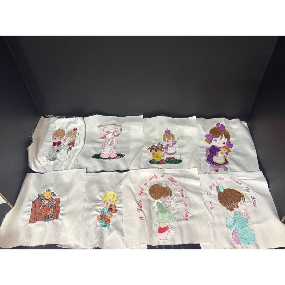 Vintage Precious Moments Machine Embroidered Fabric Quilt Squares Set Of 8